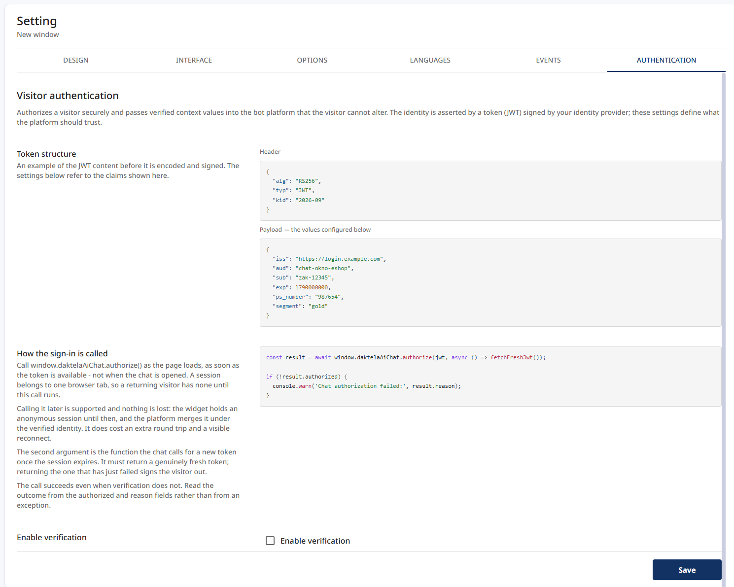 The Authentication tab showing the expected token structure and how the sign-in is called