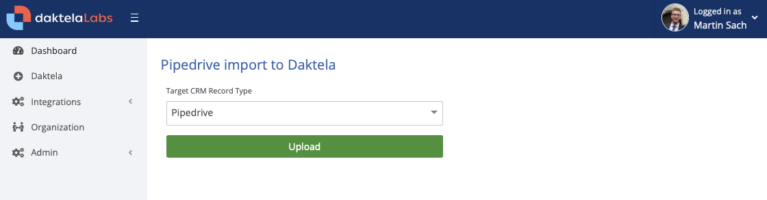 Pipedrive-Import nach Daktela mit Datensatztyp-Auswahl
