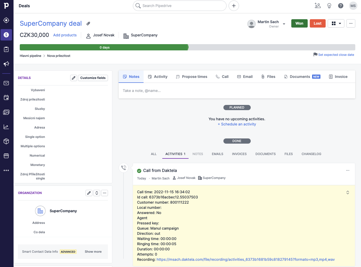 Pipedrive-Deal mit protokollierter Daktela-Anrufaktivität
